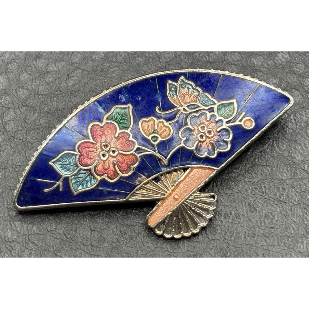 Vintage 1980s Cloisonne Blue Fan Brooch Enamel Butterfly Flowers Gold Tone